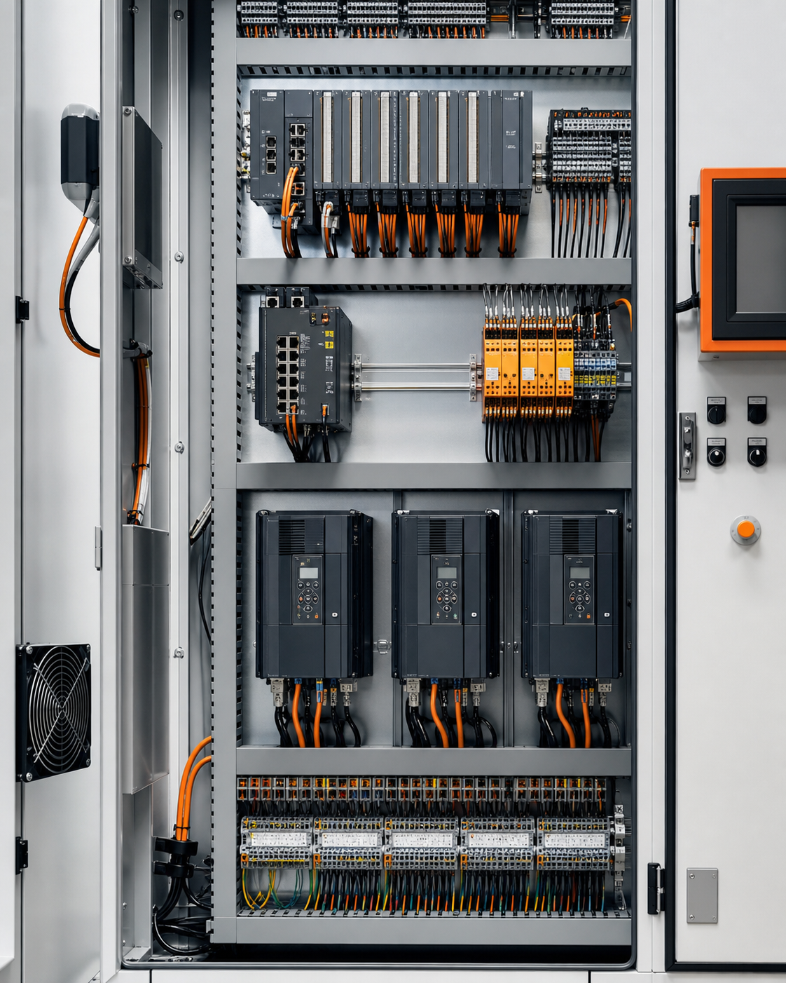 Panel kontrol otomasi industri dengan PLC, VFD dan safety relay