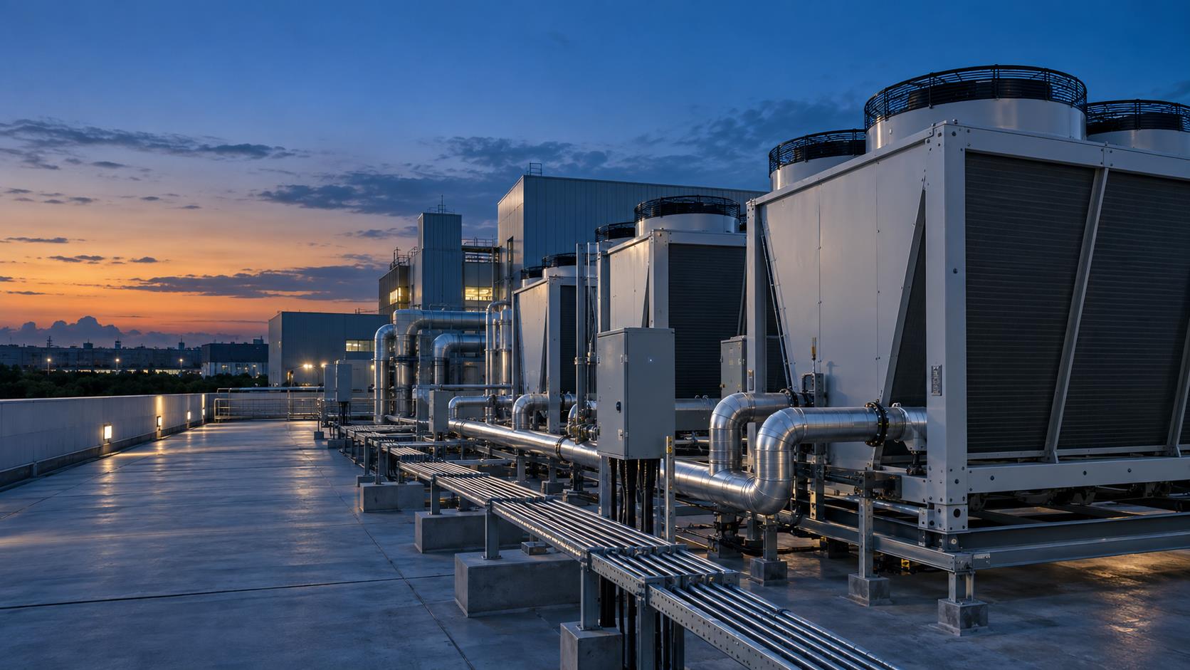 Instalasi chiller dan HVAC pada atap gedung industri